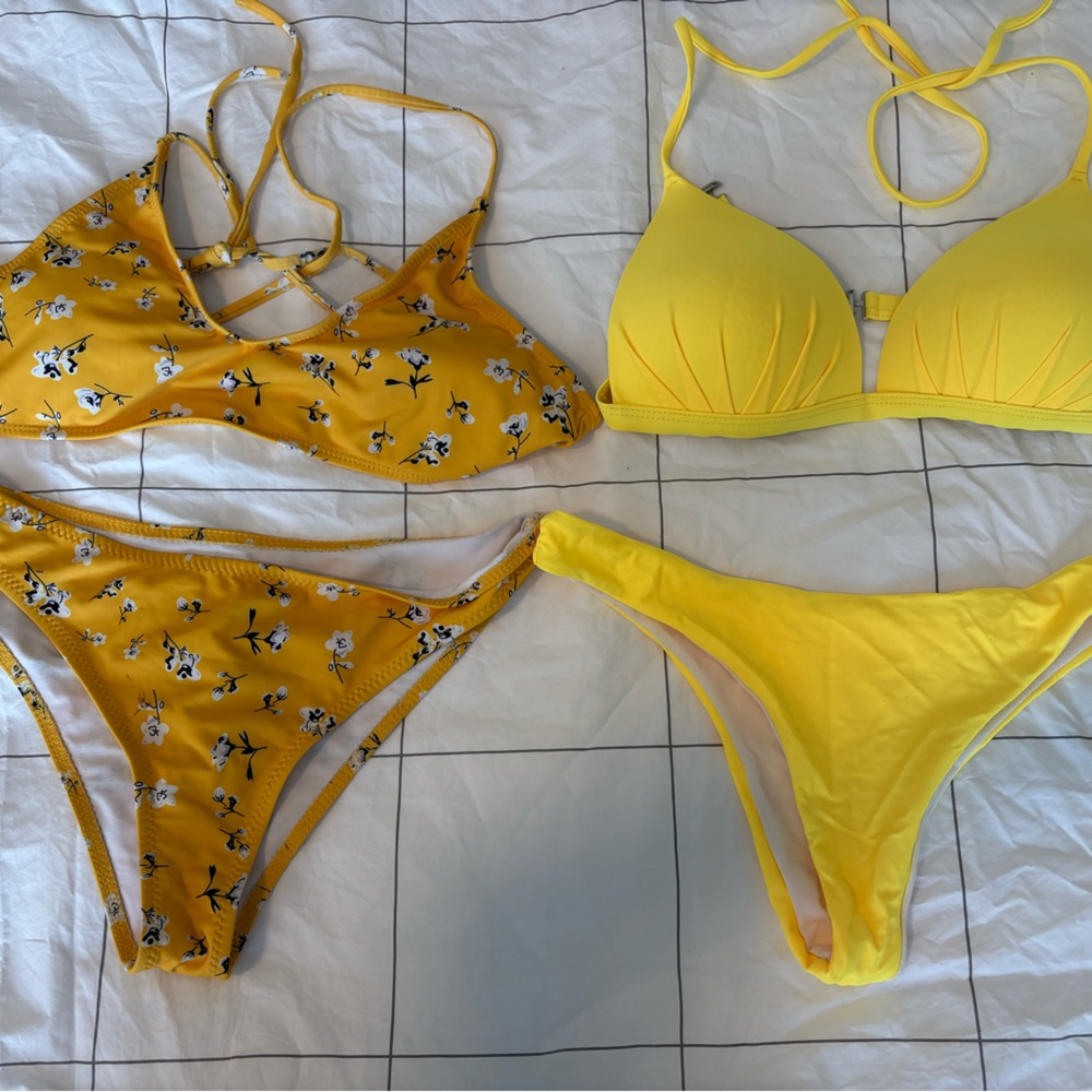Yellow Floral & Solid Bikini Set